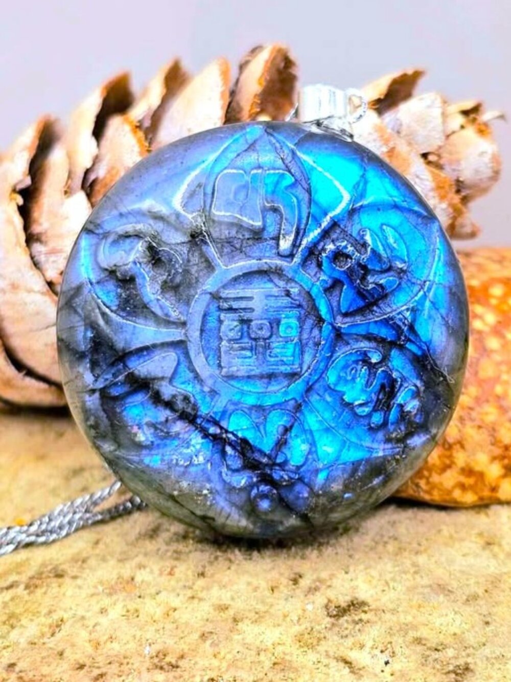 Labradorite Lotus Pendant • Tibetan Symbol Carving • Crystal Lotus Necklace